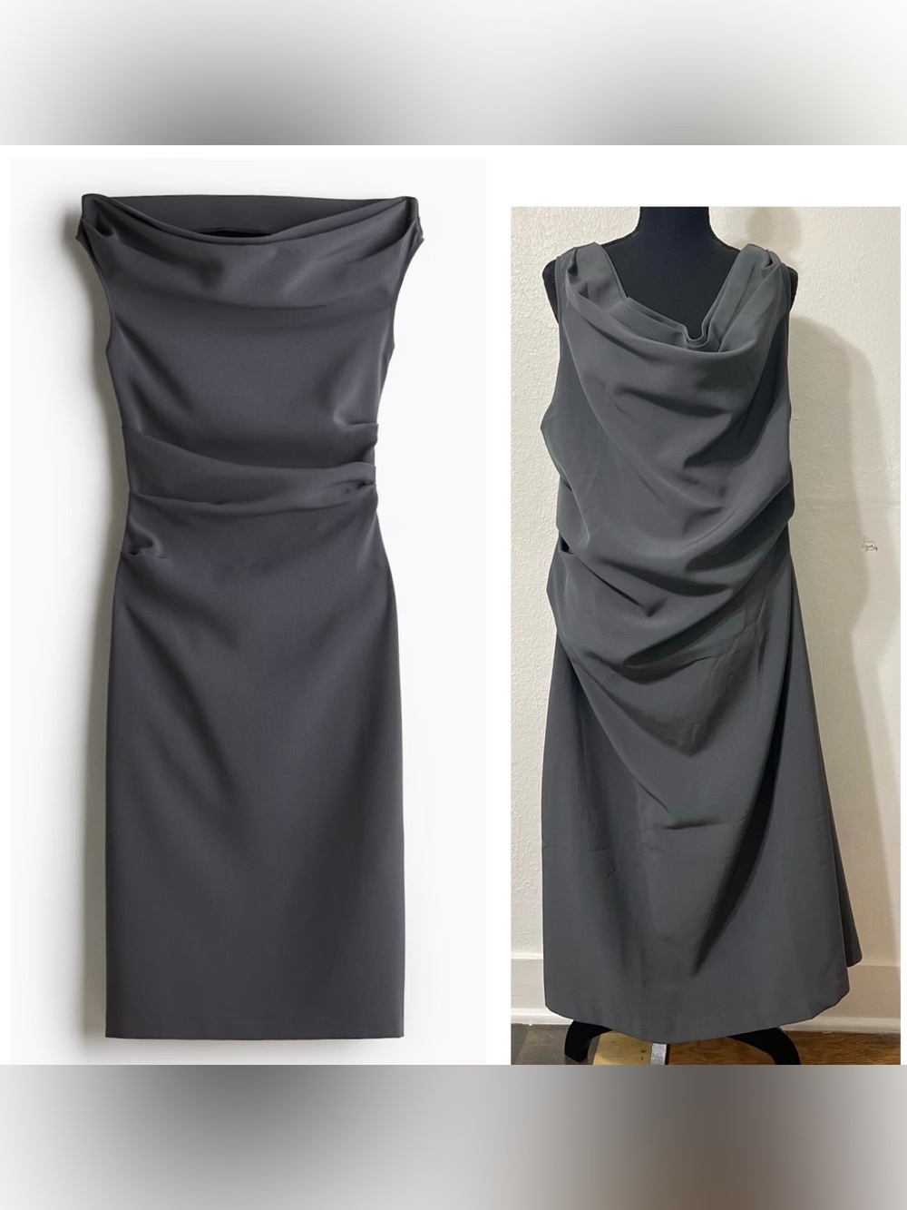 H&M Charcoal Gray Cowl-Neck Midi Draped Twill Dress Sleeveless Versatile XL